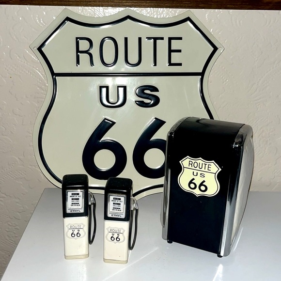 Route 66 kitchen decor Metal sign napkin holder and salt and pepper shakers - Picture 1 of 17
